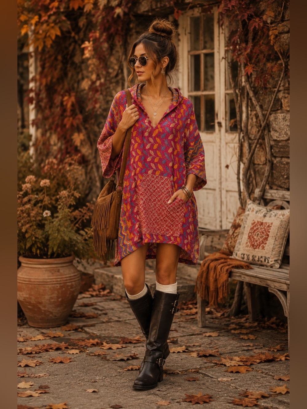 NWOT She’s 1 OAK Reversible Kantha Hooded Tunic Dress One Size Boho